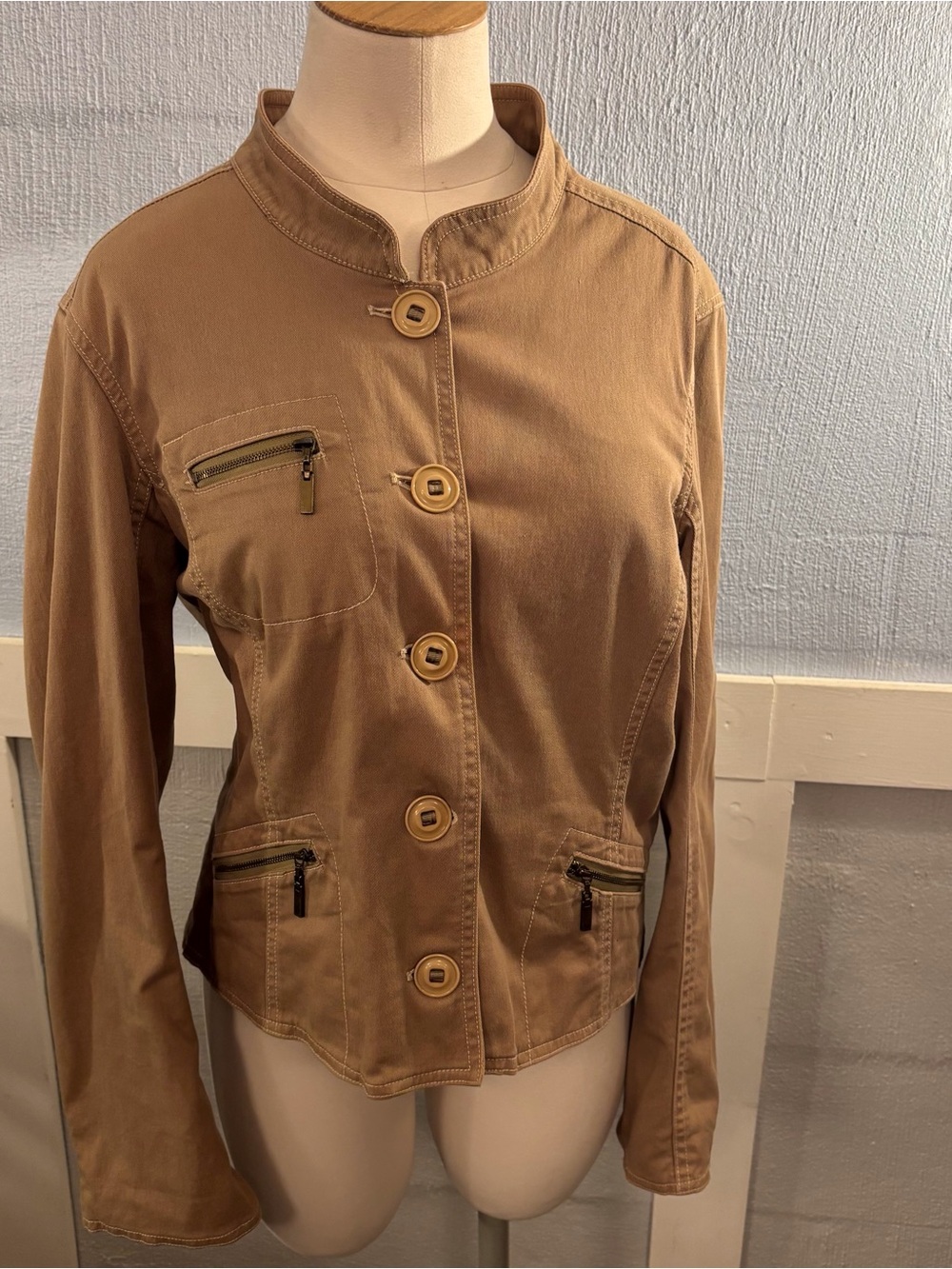Women’s Tan Utility Jacket with Zip Pocket Details SZ 14 Med/Large Multi Pockets